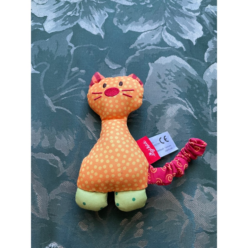 Sigikid Activity Cat Rattle Sensory Grasp Toy Orange Polka Dot Kitten 40127